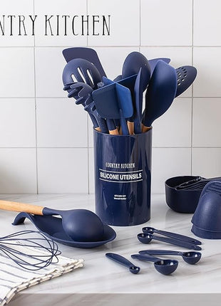 Country Kitchen Non Stick Silicone Utensil Set with Rounded Wood Handles for Cooking and Baking, 38 Piece Set, Navy