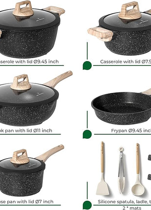 JUST PERFECTO Kitchen Pots and Pans Set with Lids Non Stick Induction Cookware Set Nonstick Frying Pans Set 14 Pcs Healthy Cooking Pots without PTFE and PFOA – Gray