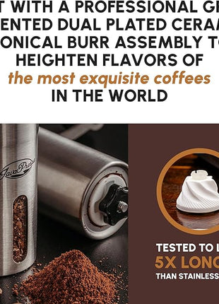 JavaPresse Manual Stainless Steel Coffee Grinder - 18 Adjustable Settings, Portable Conical Burr Grinder for Camping, Travel, Espresso - With Hand Crank