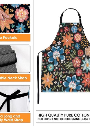 Britimes Apron Home Kitchen Cooking Baking Gardening for Women Men With Pockets Colorful Floral Flower Botanical Summer Vintage 32x28 inch