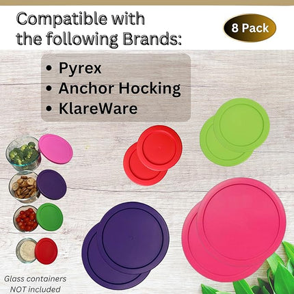 1, 2, 4 & 7 Cup Red, Spring Green, Purple, Pink Replacement Lids/Covers for Pyrex, Anchor Hocking & KlareWare Storage Bowls *Lids Only Glass Container Not Included* (8 Pack *Two of Each Size*)
