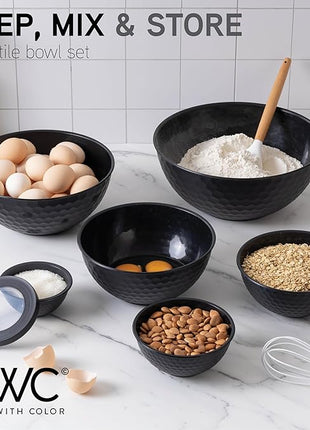 COOK WITH COLOR Mixing Bowls with Lids - 12 Piece Plastic Nesting Bowls Set includes 6 Prep Bowls and 6 Lids, Non Slip Bottom and Embossed Design - Microwave Safe (Black)