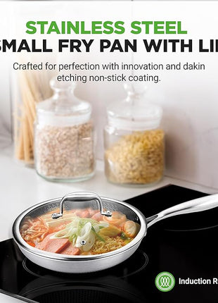 NutriChef 8" Stainless Steel Frying Pan - Triply Kitchenware Stir Fry Pan Kitchen Cookware w/DAKIN Etching Non-Stick Coating, Scratch-resistant Raised-up Honeycomb Fire Textured Pattern - NC3PL8