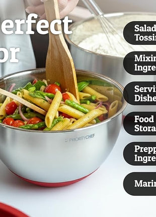 Priority Chef Stainless Steel Mixing Bowls with Lids Set, Metal Nesting Bowls with Airtight Lids, Graters, Non-Slip Base & Measurement Marks, Includes Utensil Set for Prep, Baking & Storage, Red