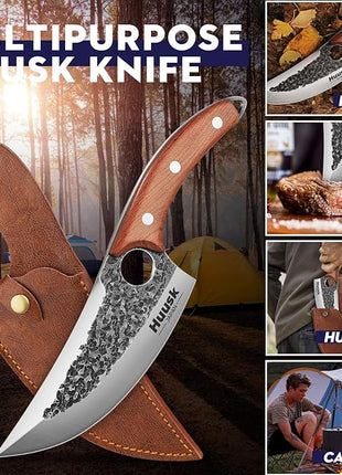 Huusk Chef Knives, Upgraded Viking Knife with Sheath Hand Forged Butcher Knife for Meat Cutting, Sharp Meat Cleaver for Kitchen and Outdoor, Thanksgiving Christmas Gifts