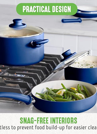 GreenLife 16 Piece Nonstick Cookware Set, Soft Grip Non-Toxic PFAS-Free Ceramic Pots & Pans, Dishwasher & Oven Safe, Frying, Sauce, Saute, Utensils, Glass Lids, Stay-Cool Handles, Wobble Free, Blue