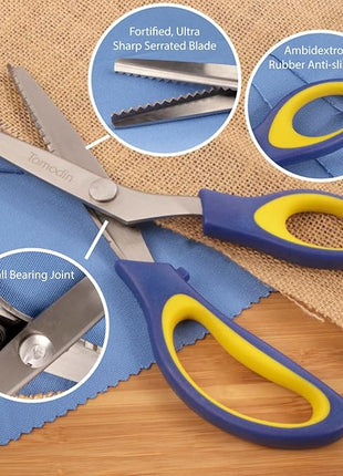 BambooMN Titanium Softgrip Scissors Set - Pinking, Sewing, Arts, Crafts, Office - 10 Sets of 4 - Blue w/Yellow