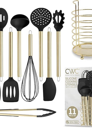 COOK WITH COLOR Silicone Cooking Utensils, Kitchen Utensil Set, Easy to Clean Silicone Kitchen Utensils, Cooking Utensils for Nonstick Cookware, Kitchen Gadgets Set with Holder, 10 Pieces