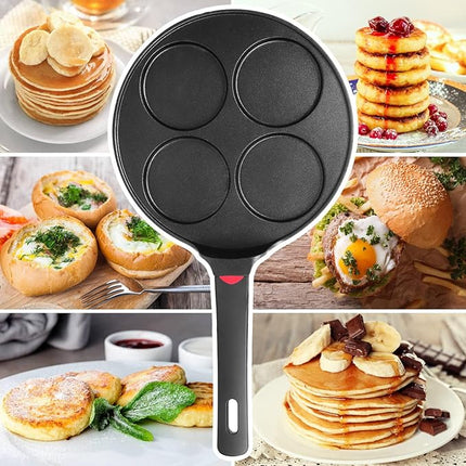 Pancake Pan Nonstick-Suitable for All Stovetops & Induction Cooker, 10.5 Inch Mini Silver Dollar Grill Blini Griddle Crepe Pan, 4 Molds Cake Egg Skillet, 100% PFOA Free Coating