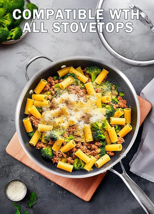 Cooks Standard 12-Inch Hybrid Nonstick Wok with Tempered Glass Lid, Multi-Ply Clad Stainless Steel Flat Bottom Wok Stit Fry Pan, Oven Safe, Induction Ready, Compatible with All Stovetops