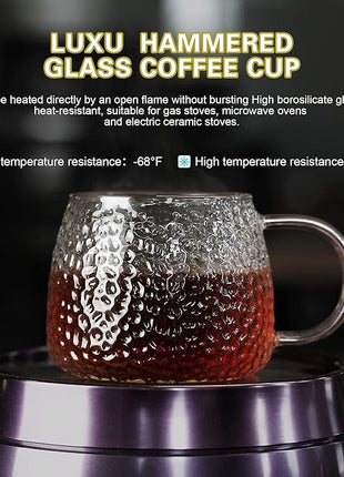 LUXU Hammered Tea Cups,Glass Coffee Mugs,Set of 6 Coffee Cups with Different Color Handles-15 oz,Prefect for Cappuccino,Latte,Water,Mocha,Milk,Widely Used for Cafes,Home and Office