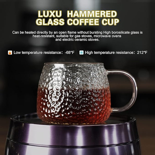 LUXU Hammered Tea Cups,Glass Coffee Mugs,Set of 6 Coffee Cups with Different Color Handles-15 oz,Prefect for Cappuccino,Latte,Water,Mocha,Milk,Widely Used for Cafes,Home and Office