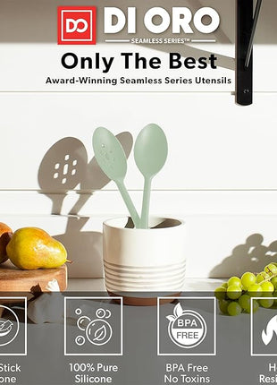 DI ORO Silicone Spoons for Cooking - Large Kitchen Spoons for Mixing, Serving, & Stirring - 600°F Heat-Resistant Non Stick Utensils – Big Solid & Slotted Basting Spoons - Dishwasher Safe (2pc, Sage)