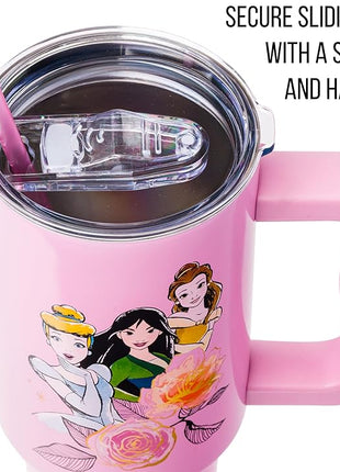 Silver Buffalo Disney Princess Featuring Cinderella, Mulan, Belle, Ariel, Tiana, and Jasmine Stainless Steel Tumbler with Handle and Straw, Fits in Standard Cup Holder, 40 Ounces