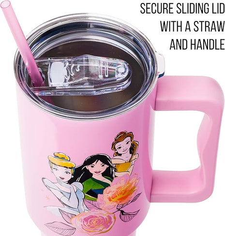 Silver Buffalo Disney Princess Featuring Cinderella, Mulan, Belle, Ariel, Tiana, and Jasmine Stainless Steel Tumbler with Handle and Straw, Fits in Standard Cup Holder, 40 Ounces