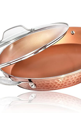 Gotham Steel Hammered Copper 14 Inch Non Stick Frying Pan with Lid, Nonstick Frying Pan with Ceramic Coating and Induction Plate for Even Heating, Oven / Dishwasher Safe, 100% Healthy & Non Toxic