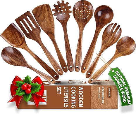 SPATUAMZ Wooden Spoons for Cooking, Teak Wood Nonstick Kitchen Utensils Set, Non-Toxic Wooden Spatula Set of 9 for Any Kitchen