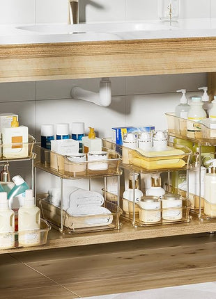 Delamu 2-Tier Under Sink Organizers and Storage, Multi-Purpose Stackable Bathroom Cabinet Organizers, Pull Out Kitchen Pantry Organization and Storage with Dividers Amber, 4 Pack