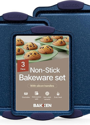 BAKKEN Kitchen Baking Pan Set - Nonstick Coating, Carbon Steel Bakeware Sets with Blue Silicone Handles, Baking Kitchen Essentials, PFOA, PFOS, PTFE Free, Oven Safe Tray (Up To 450° F), Set of 3