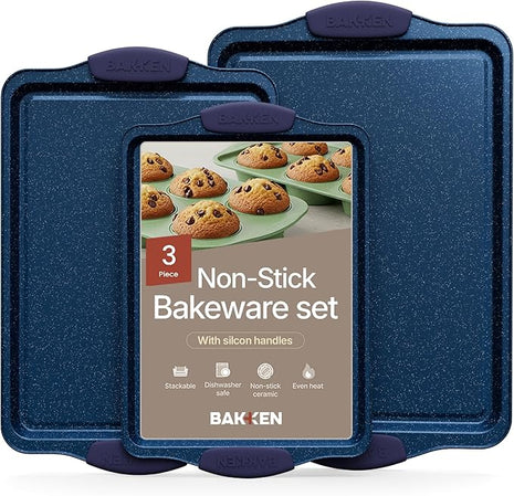 BAKKEN Kitchen Baking Pan Set - Nonstick Coating, Carbon Steel Bakeware Sets with Blue Silicone Handles, Baking Kitchen Essentials, PFOA, PFOS, PTFE Free, Oven Safe Tray (Up To 450° F), Set of 3