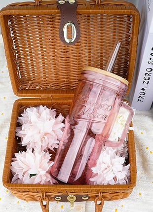 ANOTION Glass Cups with Handle, 24oz Glass Cups with Lids and Straws Travel Coffee Mug Bamboo Mason Jar Iced Cup Smoothie Tea Clear Cute Water Drinking Jars Glasses