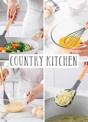 Country Kitchen Non Stick Silicone Utensil Set with Rounded Wood Handles for Cooking and Baking, 38 Piece Set, Gray