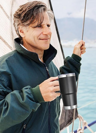 20 oz Stainless Steel Tumbler with Handle Bulk Metal Insulated Tumblers Travel Coffee Mug with Handle Double Wall Tumbler Cup with Lid and Straw, Black 6 Pack