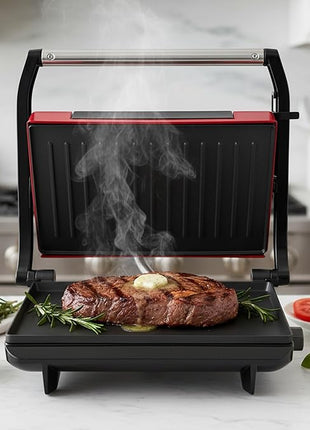 Panini Press - Sandwich Maker with Nonstick Plates - Indoor Countertop Grill for Cooking Burgers, Steak, Grilled Cheese, and More (Red)