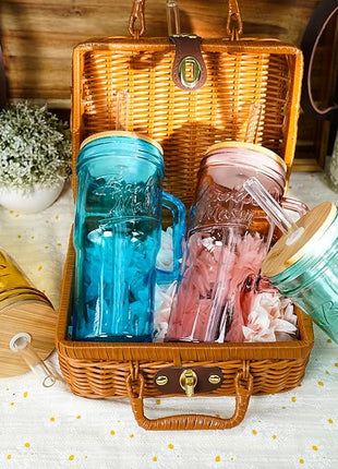 ANOTION Colored Glass Cups with Handle Set of 4, 24oz Glass Cups with Lids and Straws Travel Coffee Mug Bamboo Mason Jar Iced Cup Smoothie Tea Clear Cute Water Drinking Jars Glasses