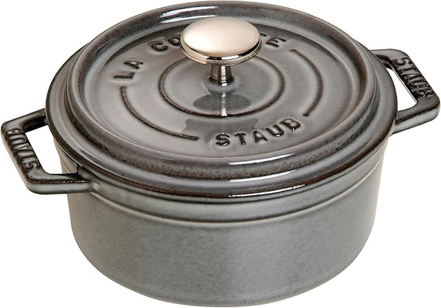 staub La Cocotte Round 40509-474 Mini Pico Cocotte Round Gray 40509-474 Small Two-Handed Cast Enameled Pot, Induction Compatible