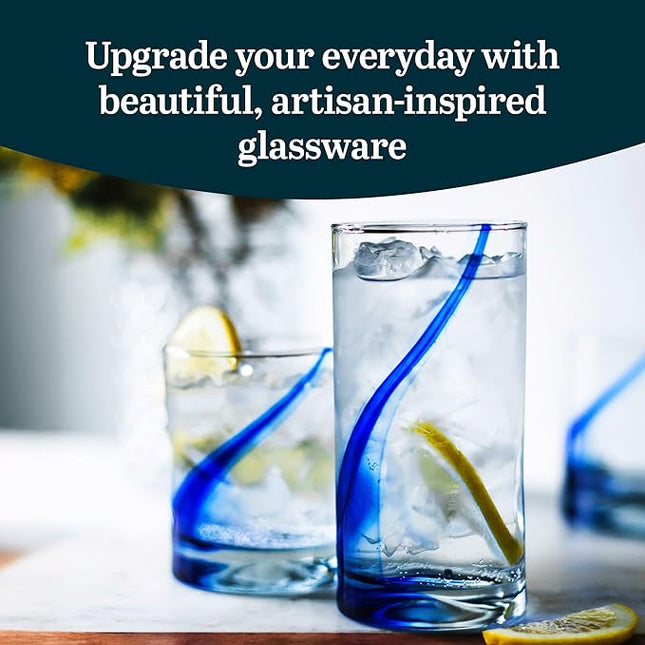 Libbey Blue Ribbon 16 Piece Tumbler and Rocks Glass Set, Infused Blue Ribbon Drinkware Glasses Set, Artisan Inspired Four-Dimple Shaped Rock Glasses, Dishwasher Safe Tumbler Glasses Set