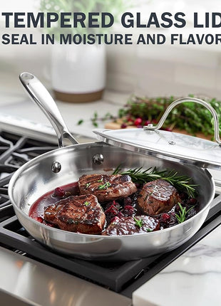 Cooks Standard Stainless Steel Frying Pan with Lid, 8-Inch Multi-Ply Clad Wok Stir Fry Pan, Kitchen Skillet, Silver