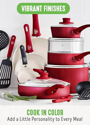 GreenLife 16 Piece Nonstick Cookware Set, Soft Grip Non-Toxic PFAS-Free Ceramic Pots & Pans, Dishwasher & Oven Safe, Frying, Sauce, Saute, Utensils, Glass Lids, Stay-Cool Handles, Wobble Free, Red