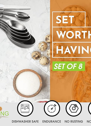 Spring Chef White Stainless Steel Magnetic Measuring Spoons Set of 8 with Leveler, Dual Sided Metal Teaspoon & Tablespoon Measuring Spoons, Fits in Spice Jars, Kitchen Gadgets for Baking & Cooking