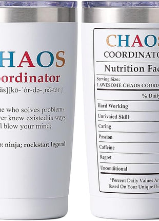 SUNWILL Coffee Tumbler with Lid, Christmas Gifts for Women, Stainless Steel Insulated Mug, CHAOS Coordinator Cups for Birthday, Thank you, Graduation - 20 oz Snow White