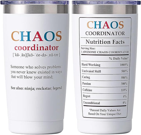 SUNWILL Coffee Tumbler with Lid, Christmas Gifts for Women, Stainless Steel Insulated Mug, CHAOS Coordinator Cups for Birthday, Thank you, Graduation - 20 oz Snow White