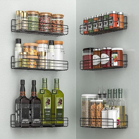 Moforoco Spice Rack Organizer Wall Mount (6Pack), Hanging Black Spice Pantry Organization Storage Shelf, Farmhouse Seasoning Organizer, Flexible Wall Shelves, Kitchen Essentials Home Decor