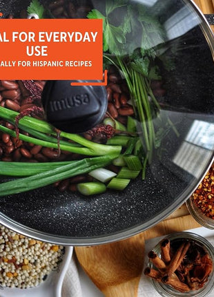 IMUSA 3.5qt Fuzion Cast Aluminum Bronze Speckled Nonstick Caldero with Glass Lid, Black - 24cm