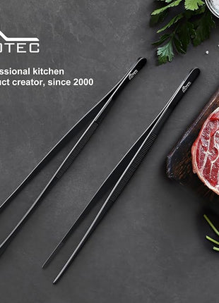 HOTEC Kitchen Tweezers Tongs Stainless Steel Professional Chef Tweezers, Set of 2-12inch Extra-Long Food Tongs for Cooking,Grill and Baking