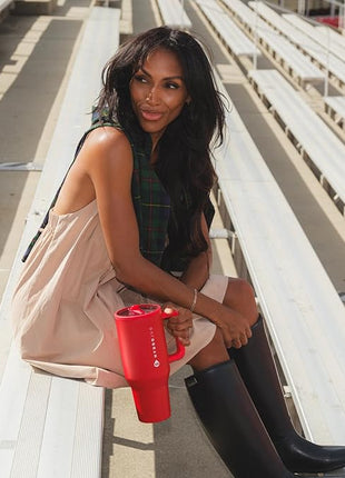 HydroJug Traveler - 32 oz Water Bottle with Handle & Flip Straw - Fits in Cup Holder, Leak Resistant Tumbler-Reusable Insulated Stainless Steel & Rubber Base - Gifts for Women & Men, Alumni Red