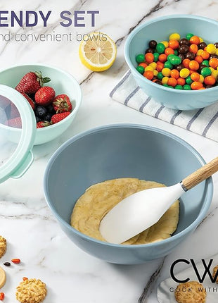 COOK WITH COLOR Mixing Bowls with TPR Lids - 12 Piece Plastic Nesting Bowls Set includes 6 Prep Bowls and 6 Lids, Microwave Safe (Blue)