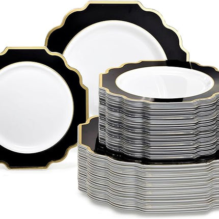 " OCCASIONS " 120 Plates Pack,(60 Guests) Heavyweight Premium Wedding Party Disposable Plastic Plates Set -60 x 10.5'' Dinner + 60 x 8'' Salad/Dessert (Imperial in Black & Gold)