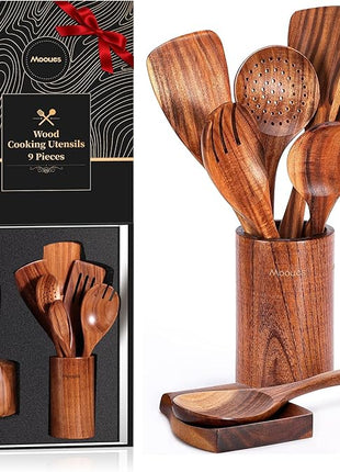 9pc Teak Wooden Utensils - Natural Teak Cooking Utensils with Premium Gift Box - Kitchen Gift Set