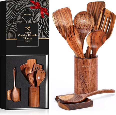 9pc Teak Wooden Utensils - Natural Teak Cooking Utensils with Premium Gift Box - Kitchen Gift Set