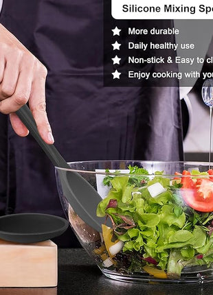 E-far Silicone Cooking Spoon Set of 2, Heat Resistant Kitchen Spoons Utensils Nonstick Mixing Spoon for Baking Stirring Serving, Non-Toxic & Dishwasher Safe (Black)