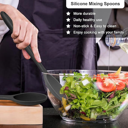 E-far Silicone Cooking Spoon Set of 2, Heat Resistant Kitchen Spoons Utensils Nonstick Mixing Spoon for Baking Stirring Serving, Non-Toxic & Dishwasher Safe (Black)