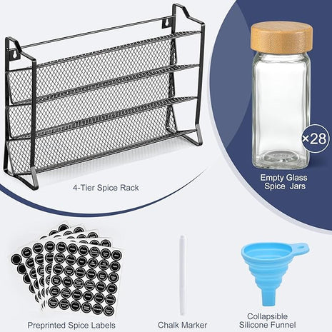 AOZITA Spice Rack Organizer for Cabinet, 28 Empty Spice Jars with Bamboo lids, Funnel, Spice Labels, Seasoning Organizer for Countertop, Cabinet, Kitchen, Pantry, Cupboard