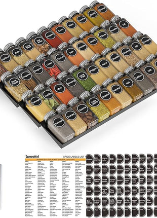 SpaceAid Spice Drawer Organizer with 44 Spice Jars, 386 Spice Labels, 4 Tier Seasoning Rack Tray Insert for Kitchen Drawers, 20.25" Wide x 17.5" Deep