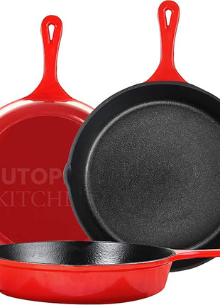 Utopia Kitchen Cast iron Skillets 3 Piece Set,Chefs Pan, Pre Seasoned Cast iron Skillets, 6, 8 & 10 Inches, Easy Use in the Oven, Stove, Grill, or Campfire, Red