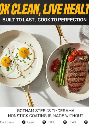 GOTHAM STEEL 15 Pc Ceramic Cookware Set, Ceramic Pots and Pans Set Non Stick with Cooking Utensils and Steamer, Non Toxic PFOA PFOS Free, Premium Gold Stay Cool Handles, Oven & Dishwasher Safe